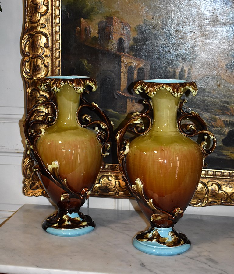 Pair Of Vases, Baluster Shape, Polychrome Earthenware, Circa 1900-photo-3