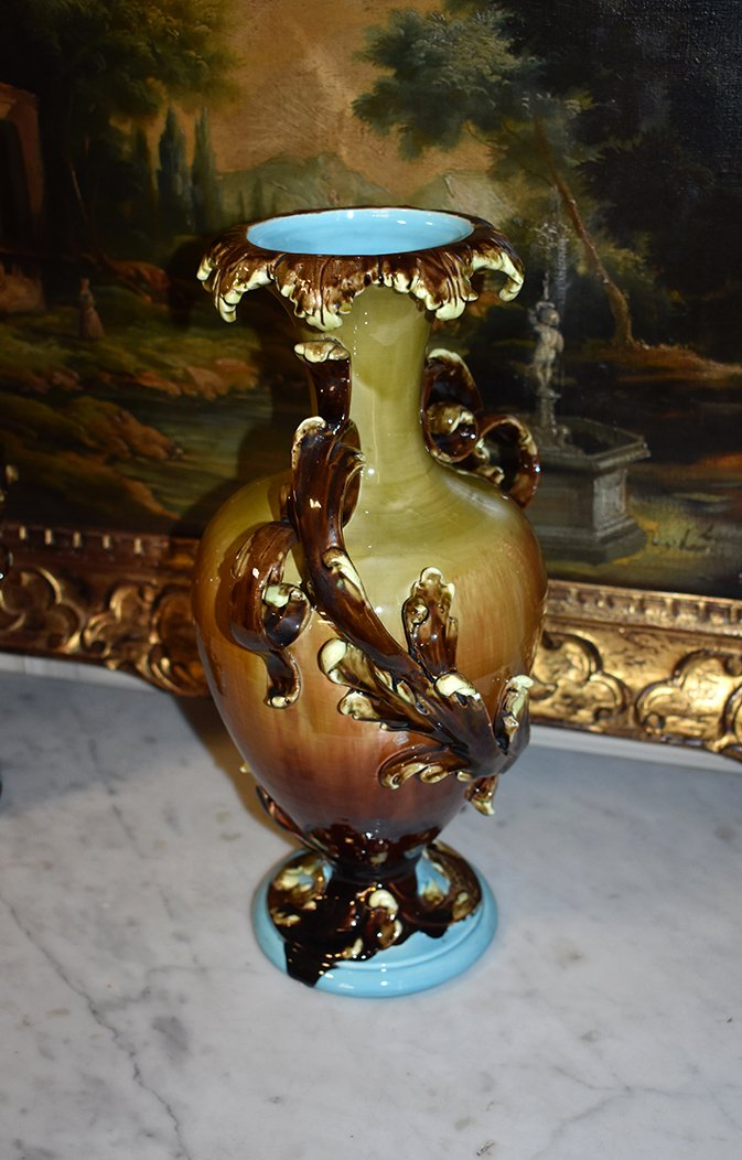 Pair Of Vases, Baluster Shape, Polychrome Earthenware, Circa 1900-photo-4