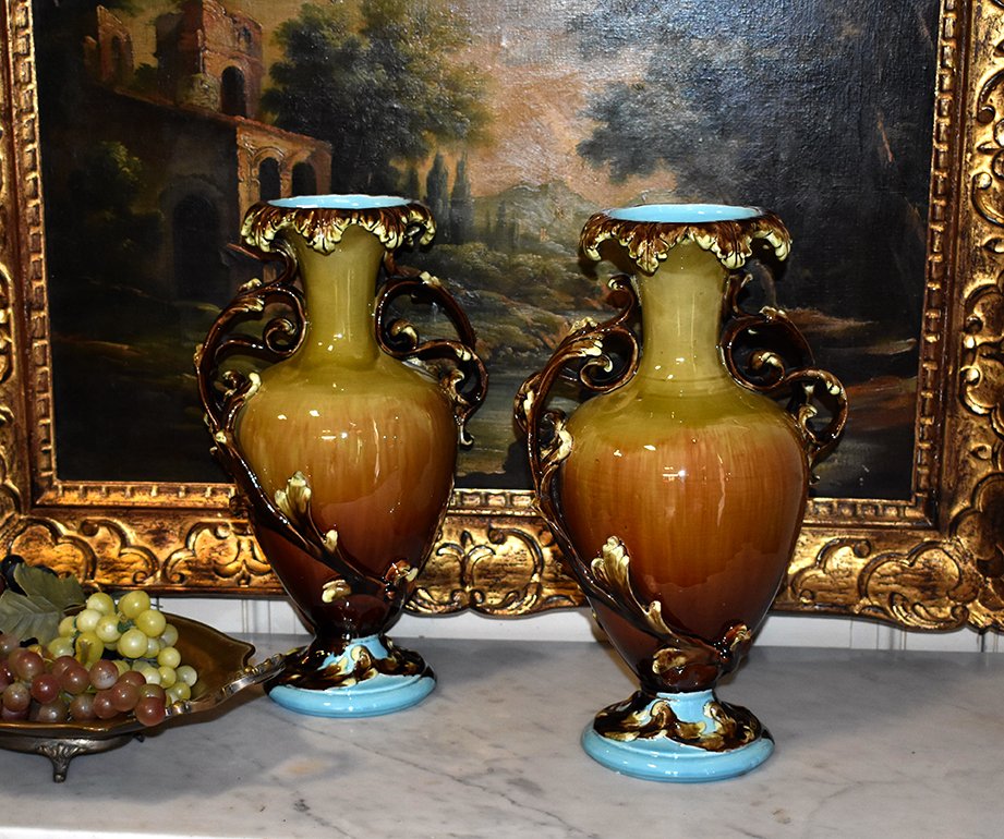 Pair Of Vases, Baluster Shape, Polychrome Earthenware, Circa 1900