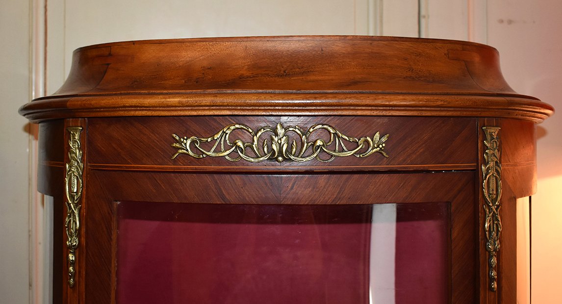 Vitrine Galbée Marquetée, Forme Demi - Lune, Marqueterie En Damier, Style Transition-photo-4