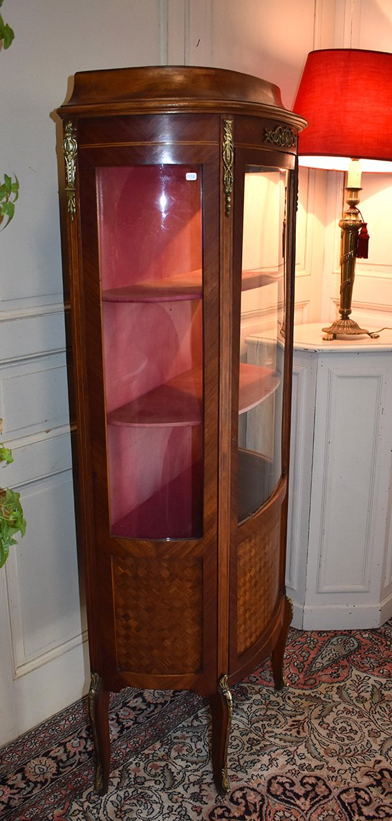 Vitrine Galbée Marquetée, Forme Demi - Lune, Marqueterie En Damier, Style Transition-photo-4