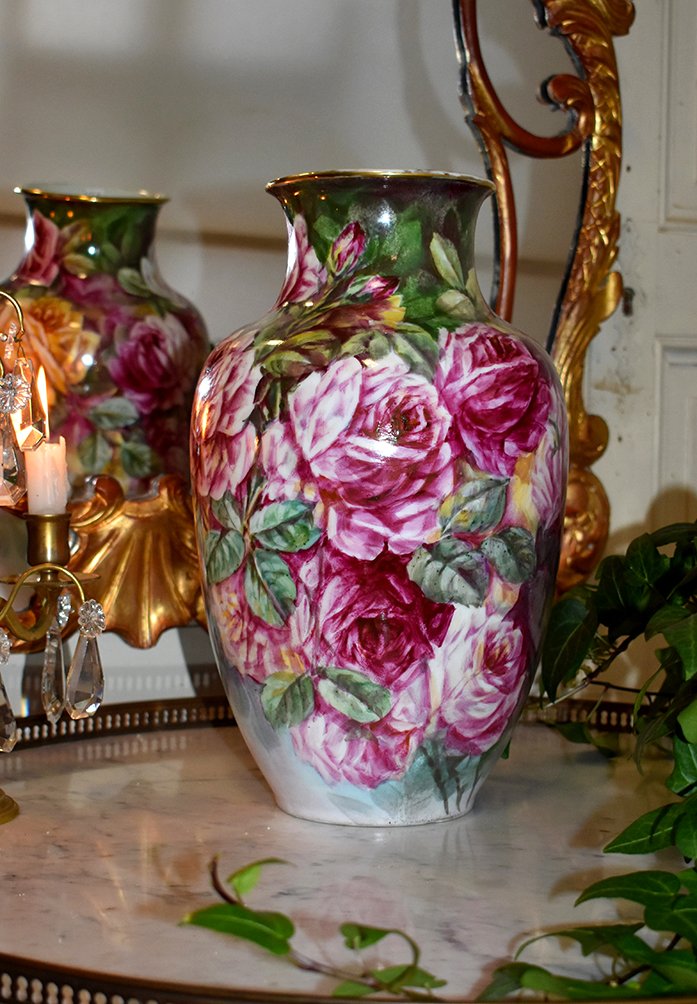 Limoges Porcelain Vase, Decor With Roses, Mavaleix And Granger (period 1920-1938)