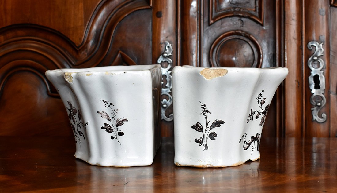 Paire De Bouqueti&egrave;res En Fa&iuml;ence, Pique Fleurs, Vases d&#039;Applique, Epoque XVIII &egrave;me-photo-6