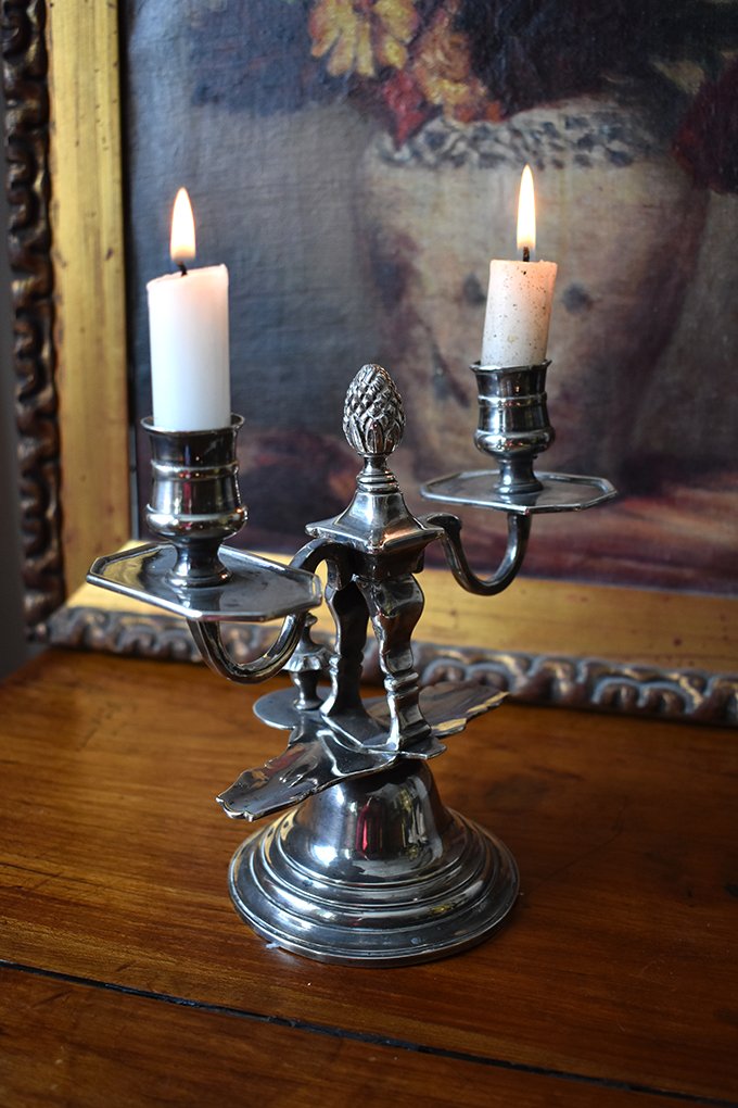 Candlestick With Two Lights In Silver Metal, Louis XVI Style-photo-2