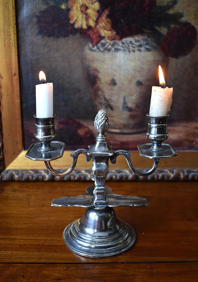 Candlestick With Two Lights In Silver Metal, Louis XVI Style-photo-3