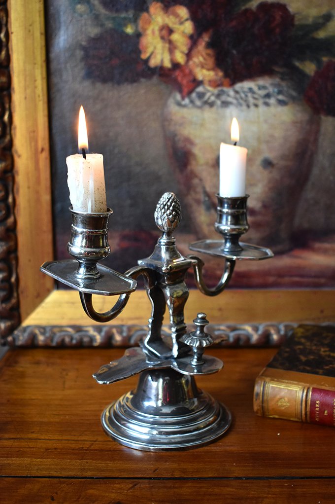 Candlestick With Two Lights In Silver Metal, Louis XVI Style-photo-1