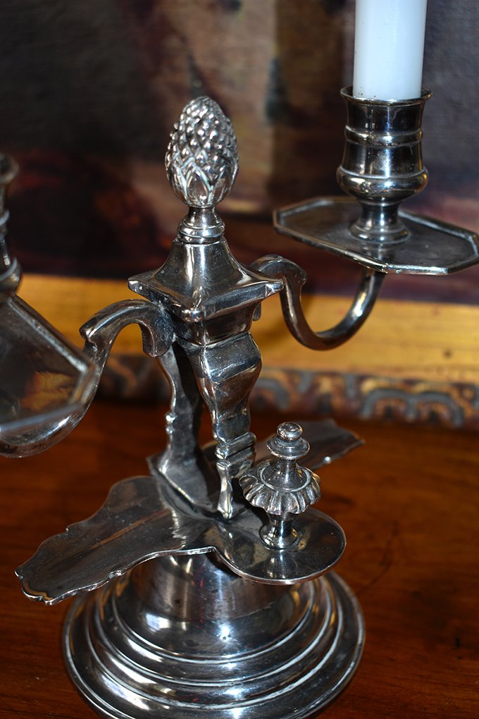 Candlestick With Two Lights In Silver Metal, Louis XVI Style-photo-2