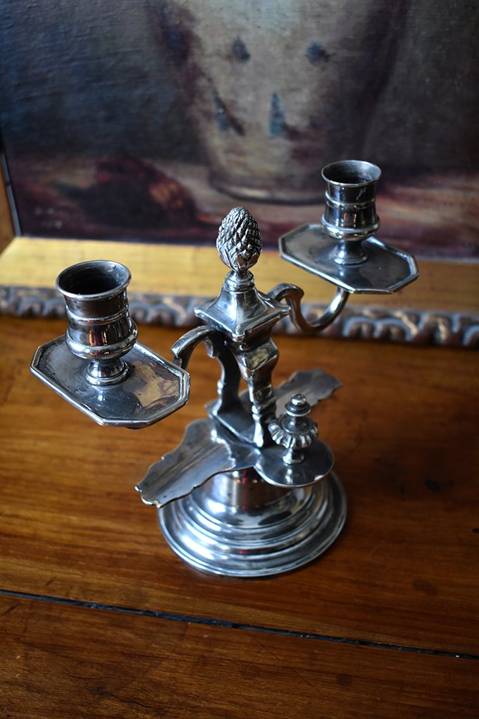Candlestick With Two Lights In Silver Metal, Louis XVI Style-photo-5