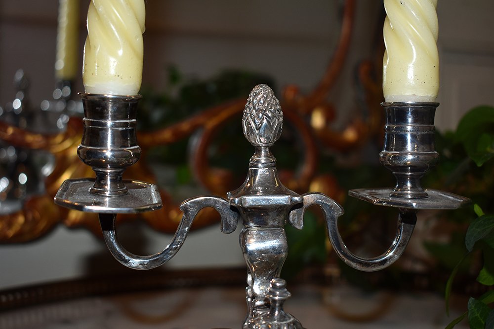 Candlestick With Two Lights In Silver Metal, Louis XVI Style-photo-7