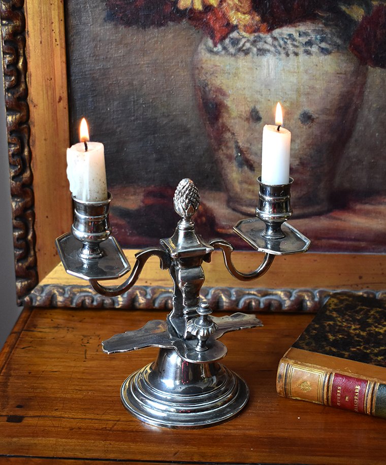 Candlestick With Two Lights In Silver Metal, Louis XVI Style