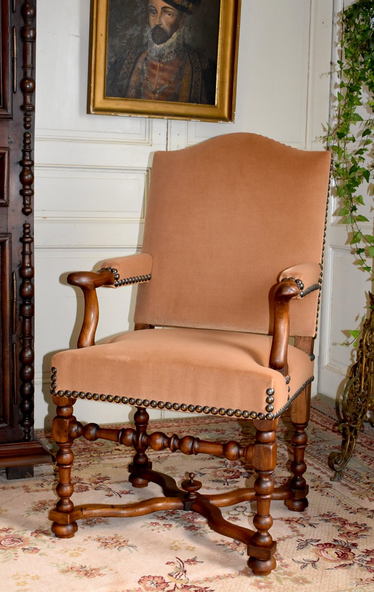 Fauteuil De Style Louis XIV à Entretoise, Tissu Velours, XX ème