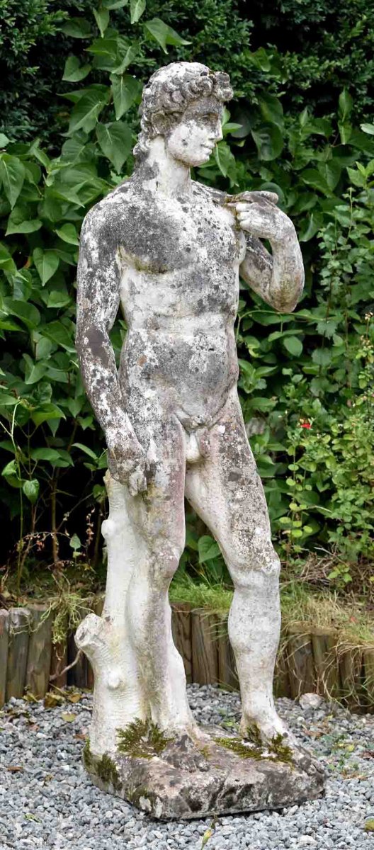 Grande Statue De Jardin En Pierre Reconstitu&eacute;e, Homme Nu, Apollon, XX &egrave;me-photo-4