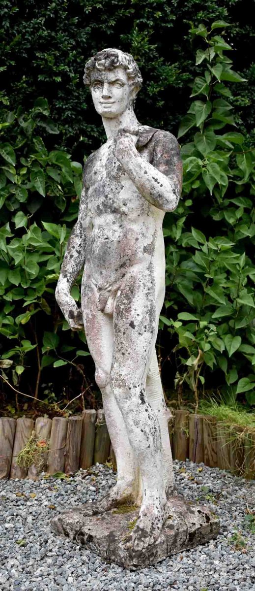 Grande Statue De Jardin En Pierre Reconstitu&eacute;e, Homme Nu, Apollon, XX &egrave;me-photo-2