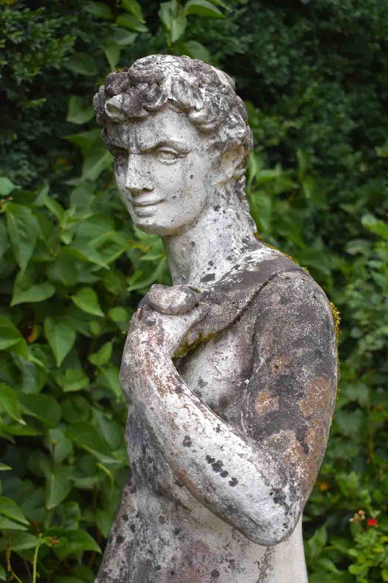 Grande Statue De Jardin En Pierre Reconstitu&eacute;e, Homme Nu, Apollon, XX &egrave;me