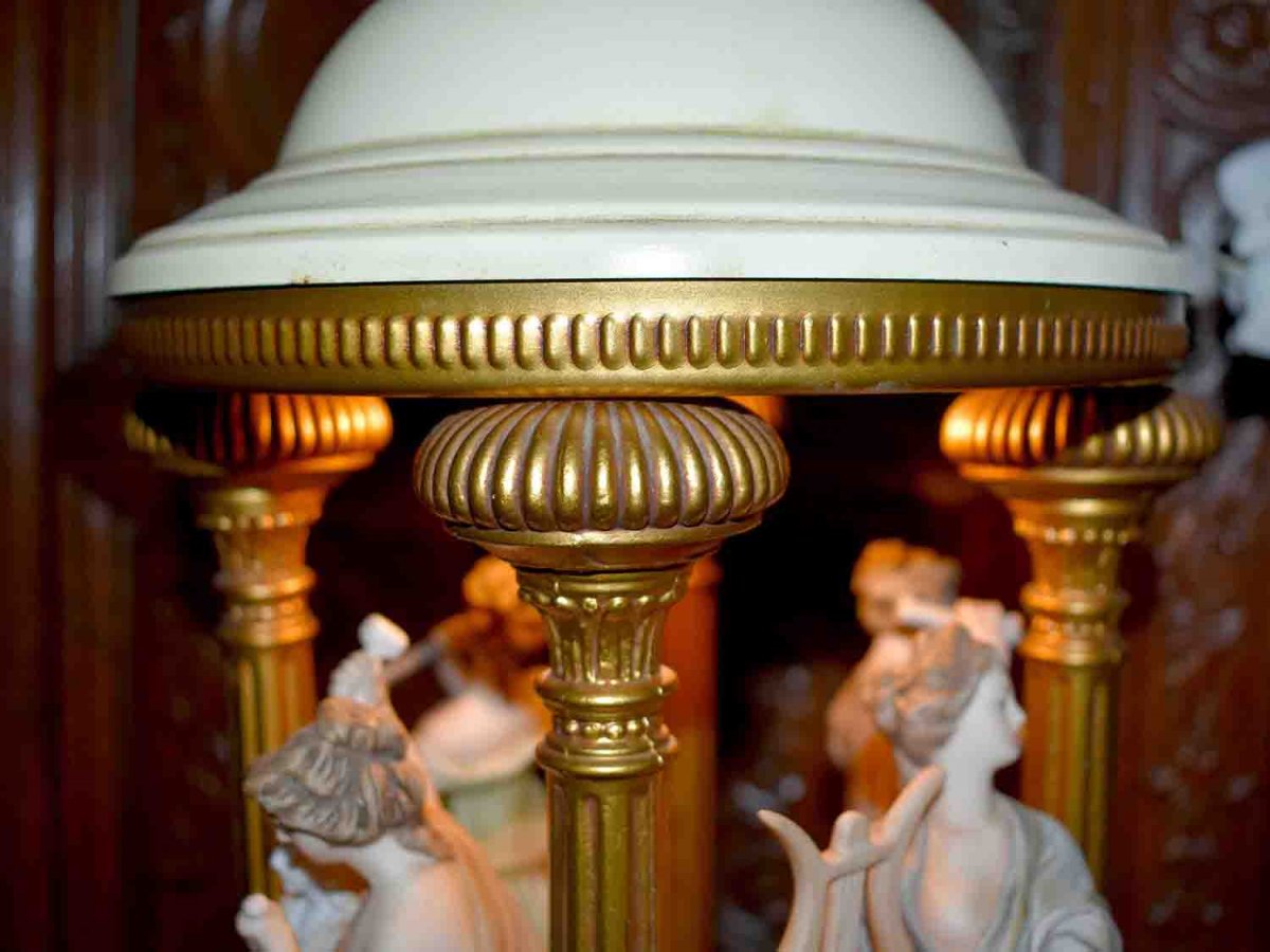 Lampe Kiosque, Personnages Allégories Des Arts, Biscuit Polychromé, Goût Antique-photo-4