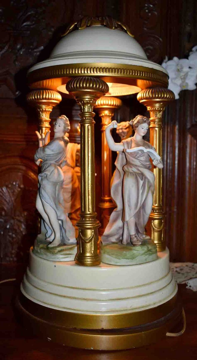 Kiosk Lamp, Characters Allegories Of The Arts, Polychrome Biscuit, Antique Taste-photo-5