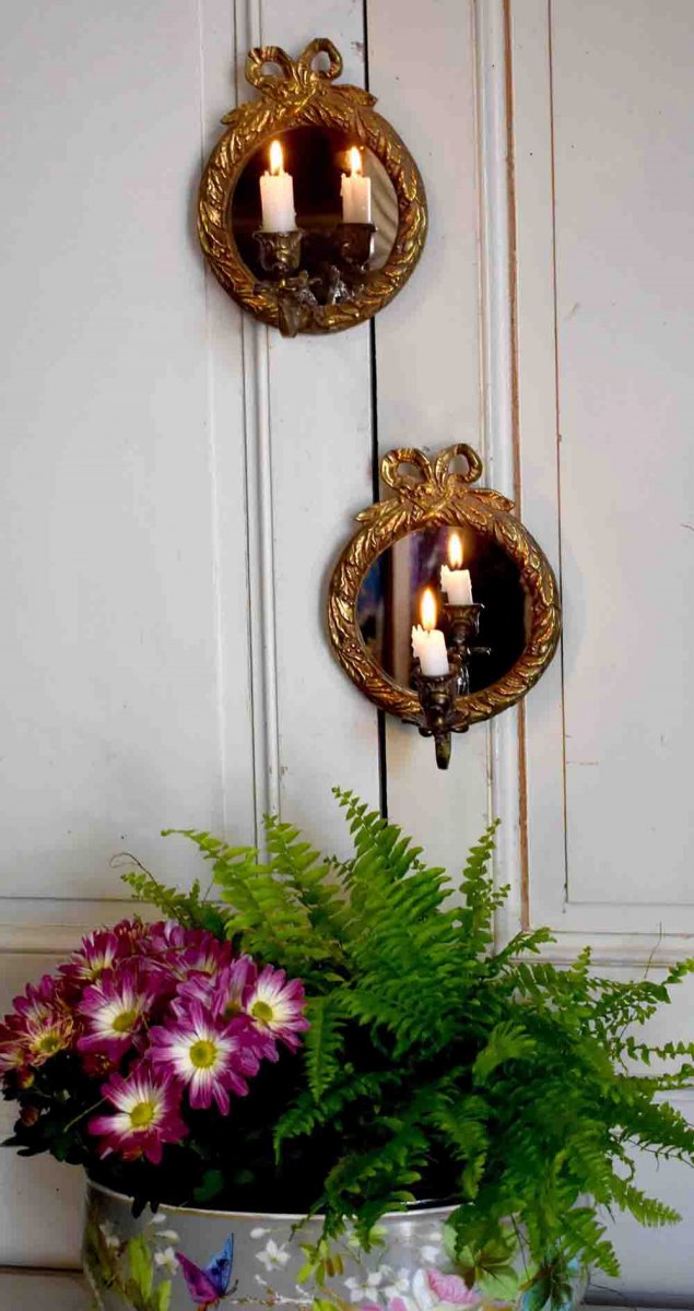Paire d'Appliques Miroirs En Bronze Doré, Style Louis XVI, Eclairage Bougie, Epoque XX ème-photo-3