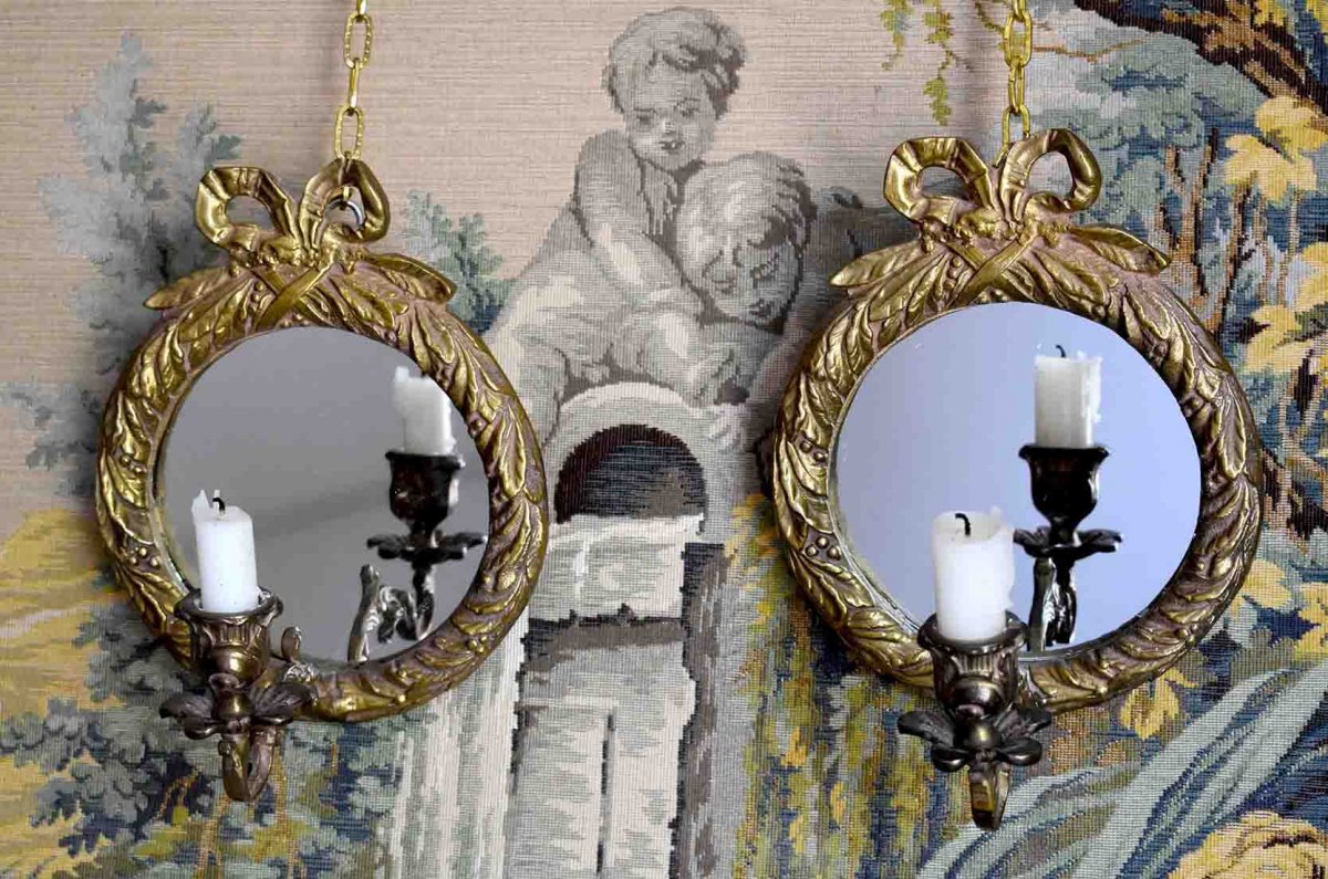 Paire d'Appliques Miroirs En Bronze Doré, Style Louis XVI, Eclairage Bougie, Epoque XX ème-photo-4