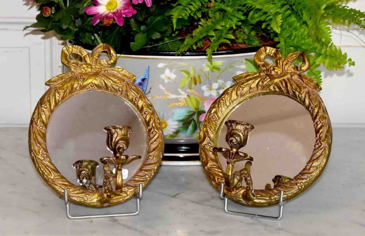Pair Of Gilt Bronze Mirror Sconces, Louis XVI Style, Candle Lighting, XXth Period-photo-1