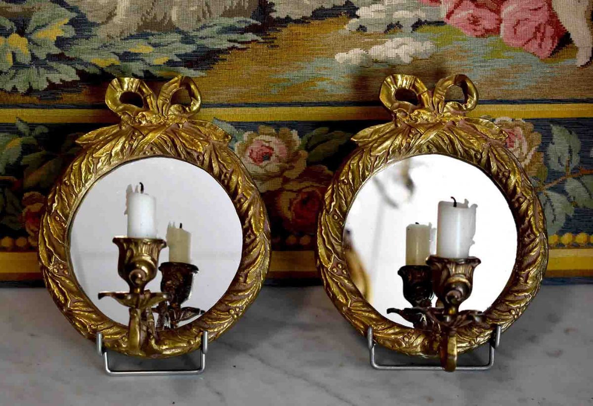 Paire d'Appliques Miroirs En Bronze Doré, Style Louis XVI, Eclairage Bougie, Epoque XX ème-photo-2