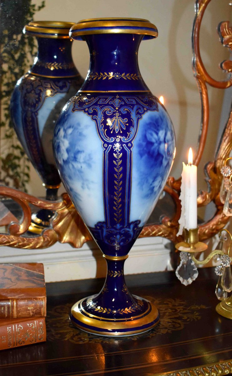 Large Baluster Vase In Limoges Porcelain, Signed Marcadet, Oven Blue Enhanced With Gold-photo-2