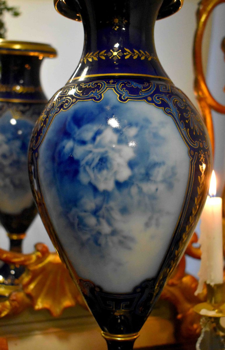 Large Baluster Vase In Limoges Porcelain, Signed Marcadet, Oven Blue Enhanced With Gold-photo-4