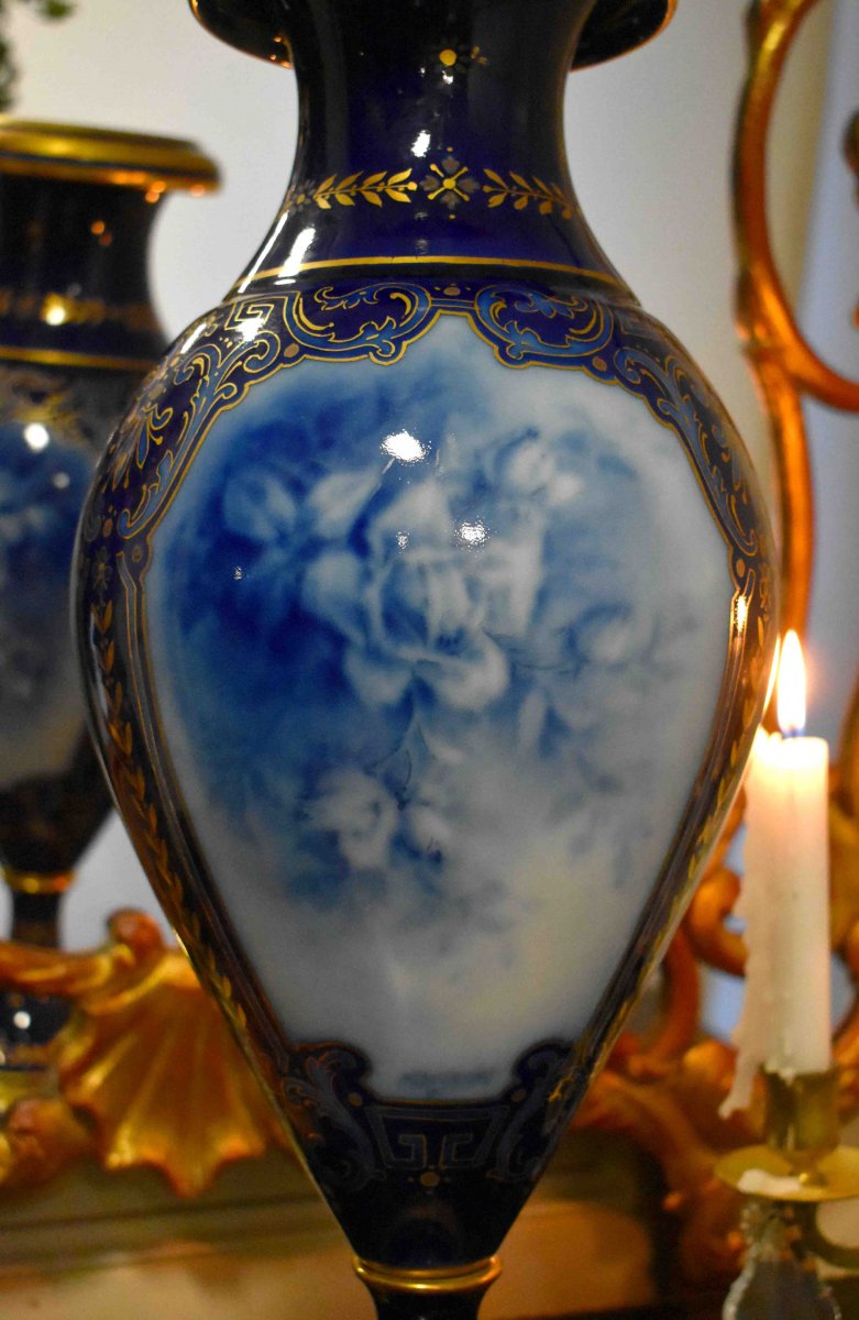 Large Baluster Vase In Limoges Porcelain, Signed Marcadet, Oven Blue Enhanced With Gold-photo-1