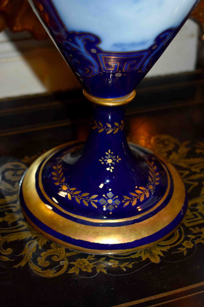 Large Baluster Vase In Limoges Porcelain, Signed Marcadet, Oven Blue Enhanced With Gold-photo-3