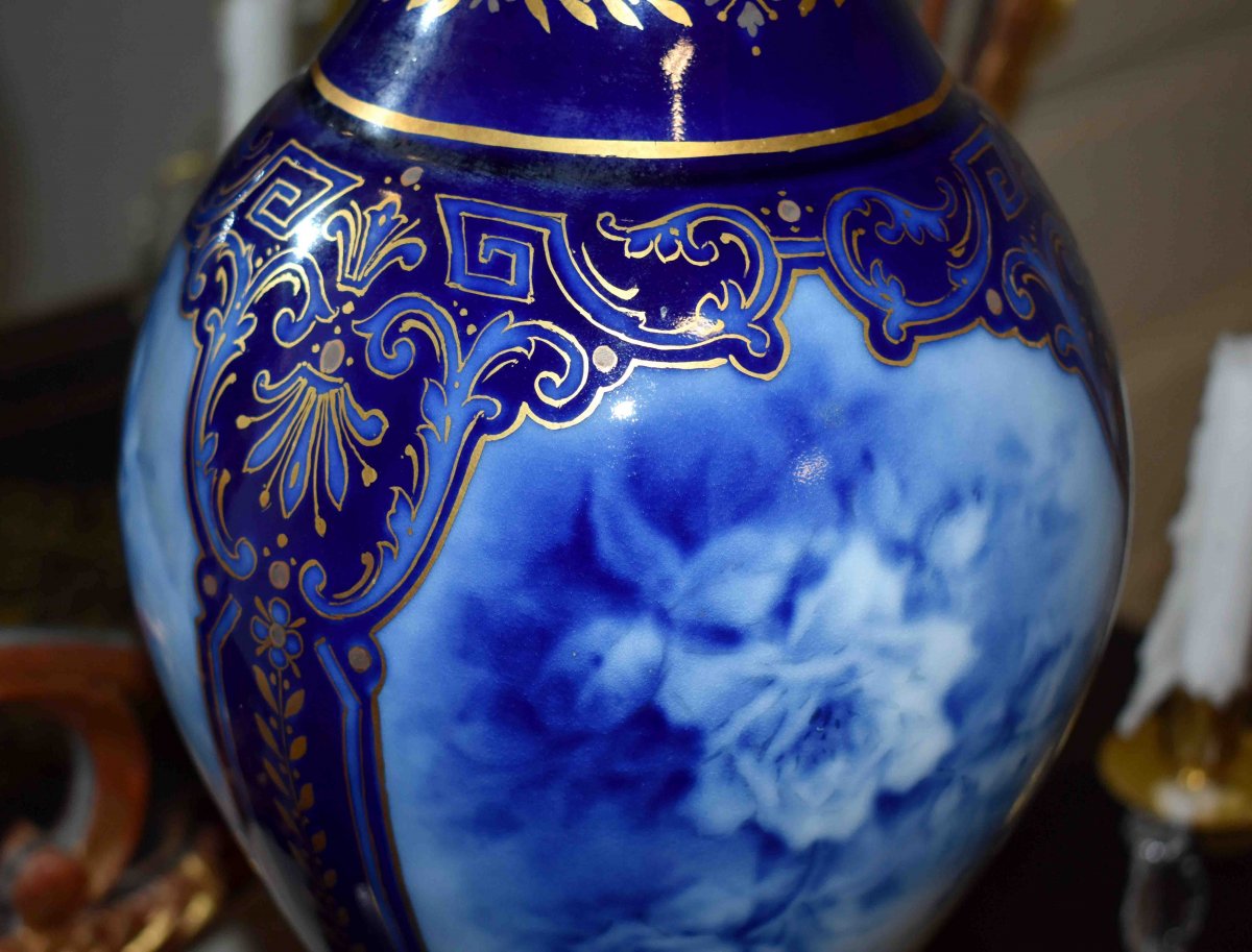 Large Baluster Vase In Limoges Porcelain, Signed Marcadet, Oven Blue Enhanced With Gold-photo-6