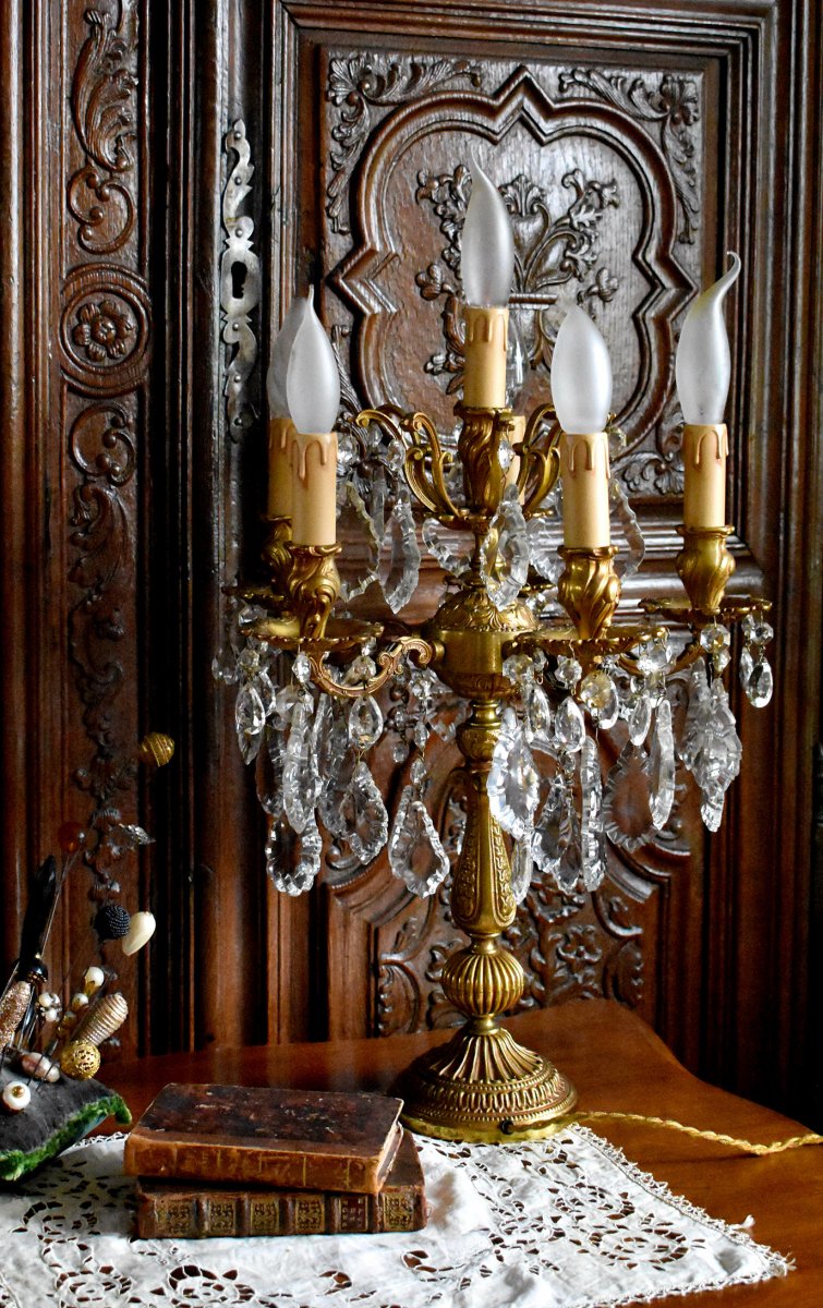  Grande Girandole De Style Louis XV, Rocaille, Bronze Doré Et Pampilles Cristal, XX ème-photo-2