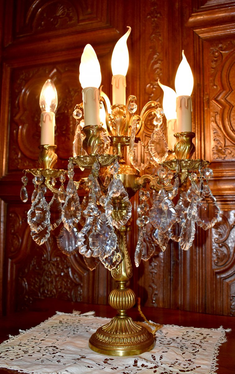  Grande Girandole De Style Louis XV, Rocaille, Bronze Doré Et Pampilles Cristal, XX ème-photo-3