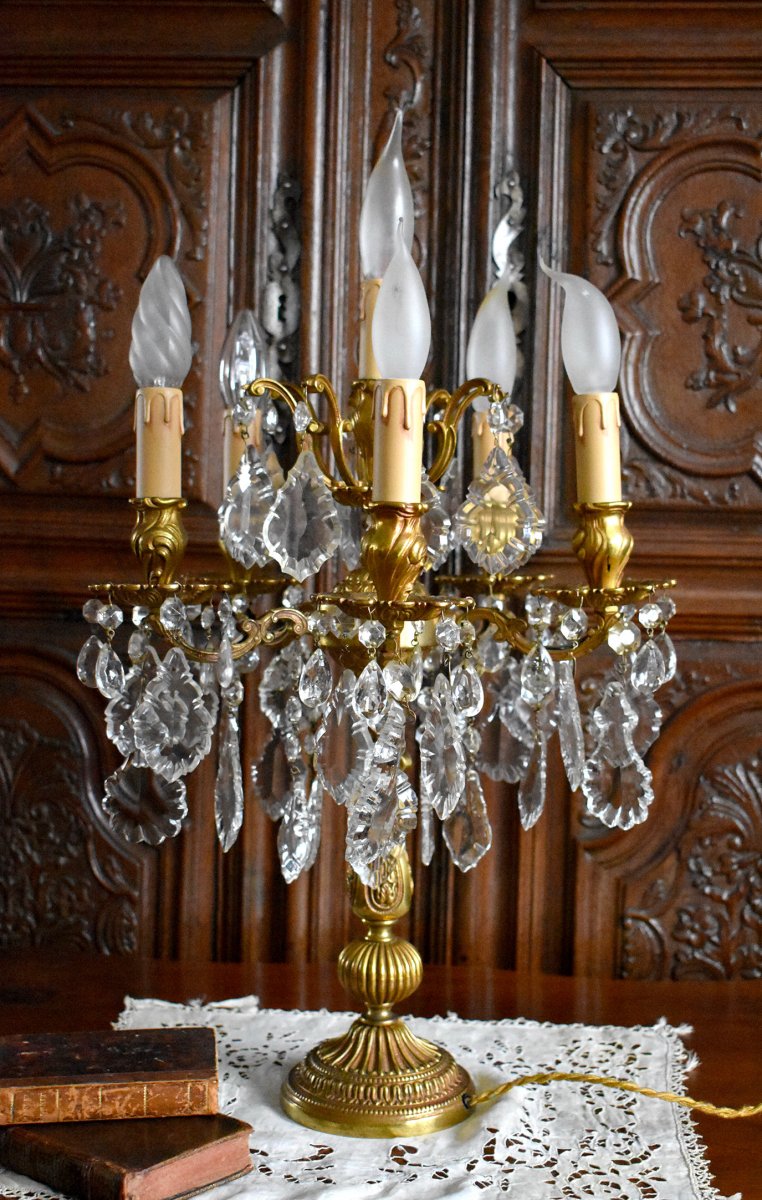  Grande Girandole De Style Louis XV, Rocaille, Bronze Doré Et Pampilles Cristal, XX ème-photo-4