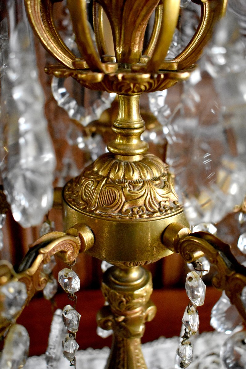  Grande Girandole De Style Louis XV, Rocaille, Bronze Doré Et Pampilles Cristal, XX ème-photo-3