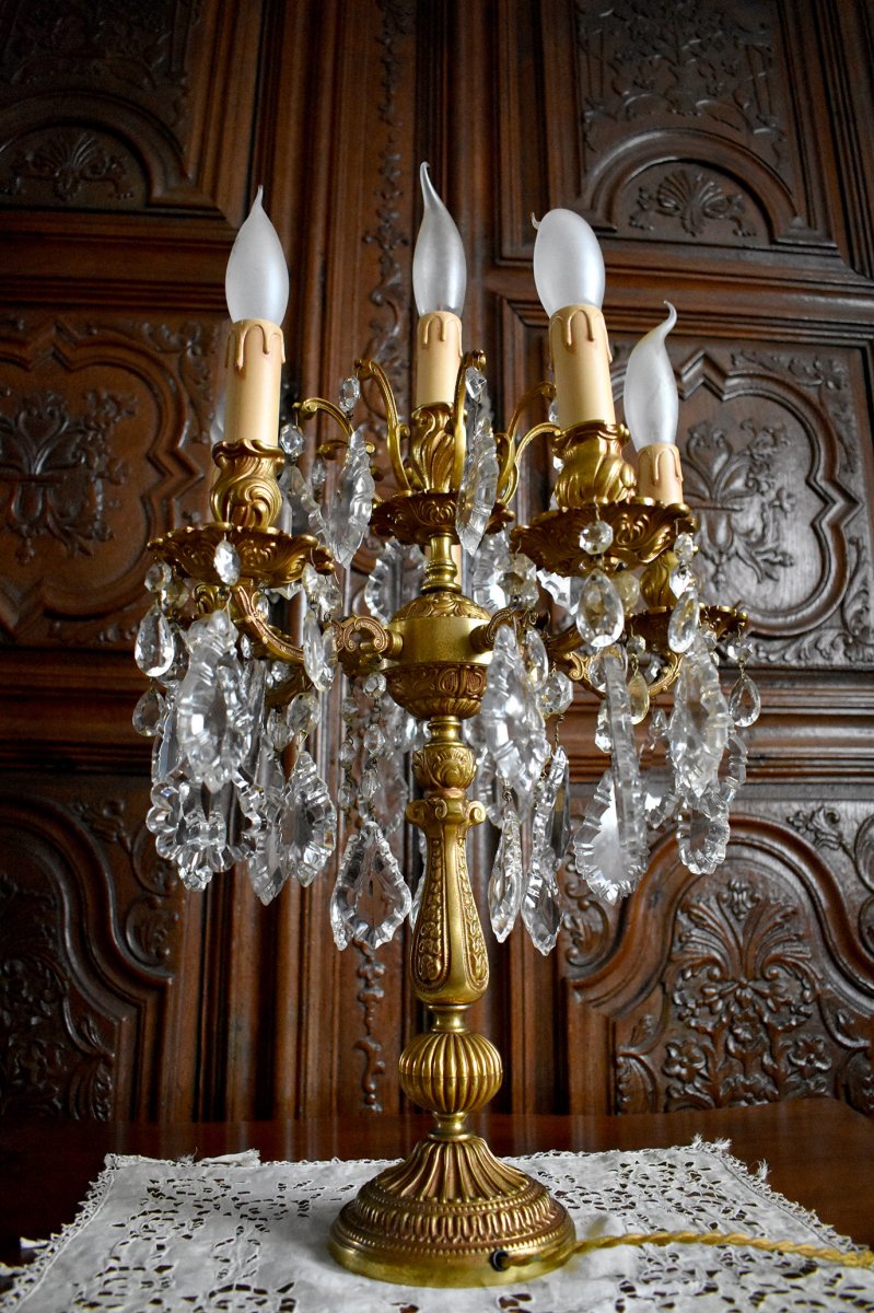 Grande Girandole De Style Louis XV, Rocaille, Bronze Doré Et Pampilles Cristal, XX ème-photo-6