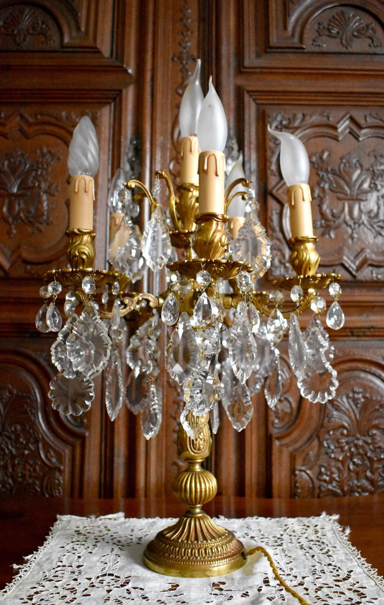  Grande Girandole De Style Louis XV, Rocaille, Bronze Doré Et Pampilles Cristal, XX ème-photo-8