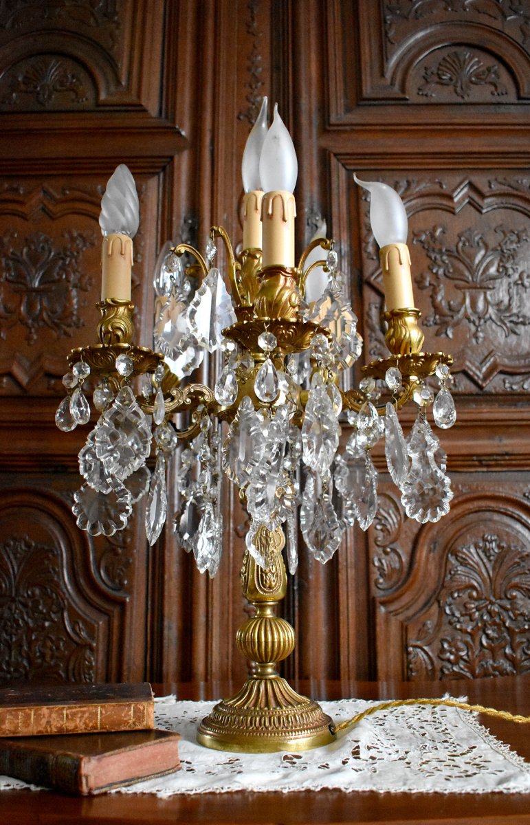  Grande Girandole De Style Louis XV, Rocaille, Bronze Doré Et Pampilles Cristal, XX ème