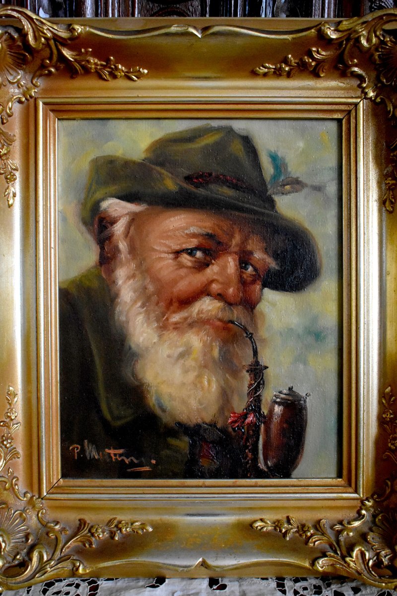 Portrait Of An Old Tyrolean Pipe Smoker, Oil On Framed Canvas, Early Twentieth-photo-3