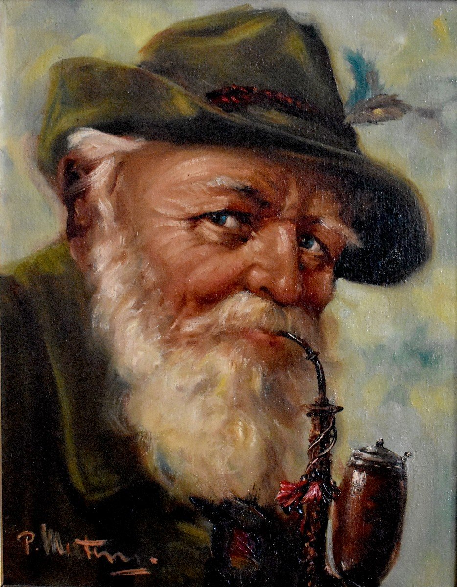 Portrait Of An Old Tyrolean Pipe Smoker, Oil On Framed Canvas, Early Twentieth-photo-2