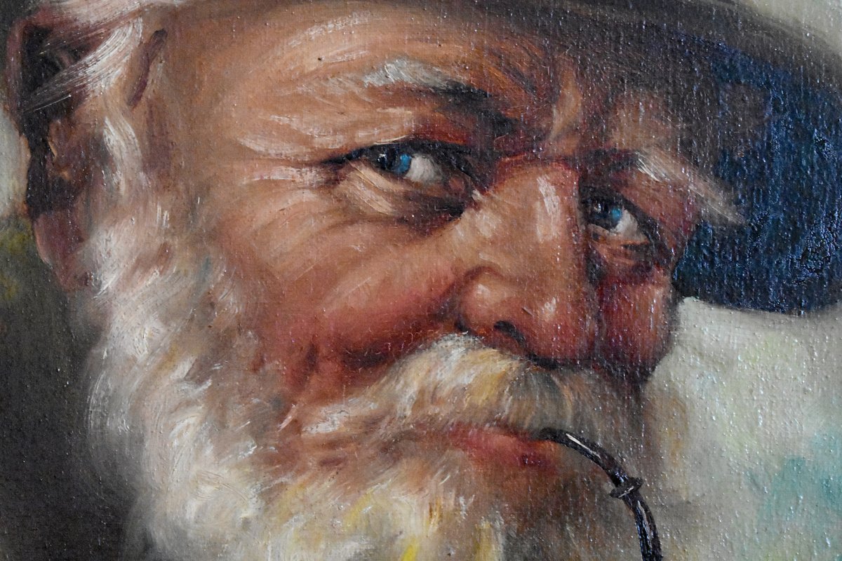 Portrait Of An Old Tyrolean Pipe Smoker, Oil On Framed Canvas, Early Twentieth-photo-1
