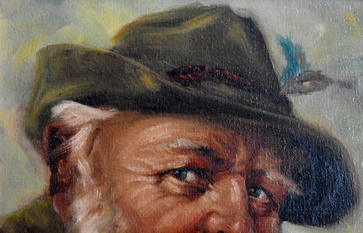 Portrait Of An Old Tyrolean Pipe Smoker, Oil On Framed Canvas, Early Twentieth-photo-2