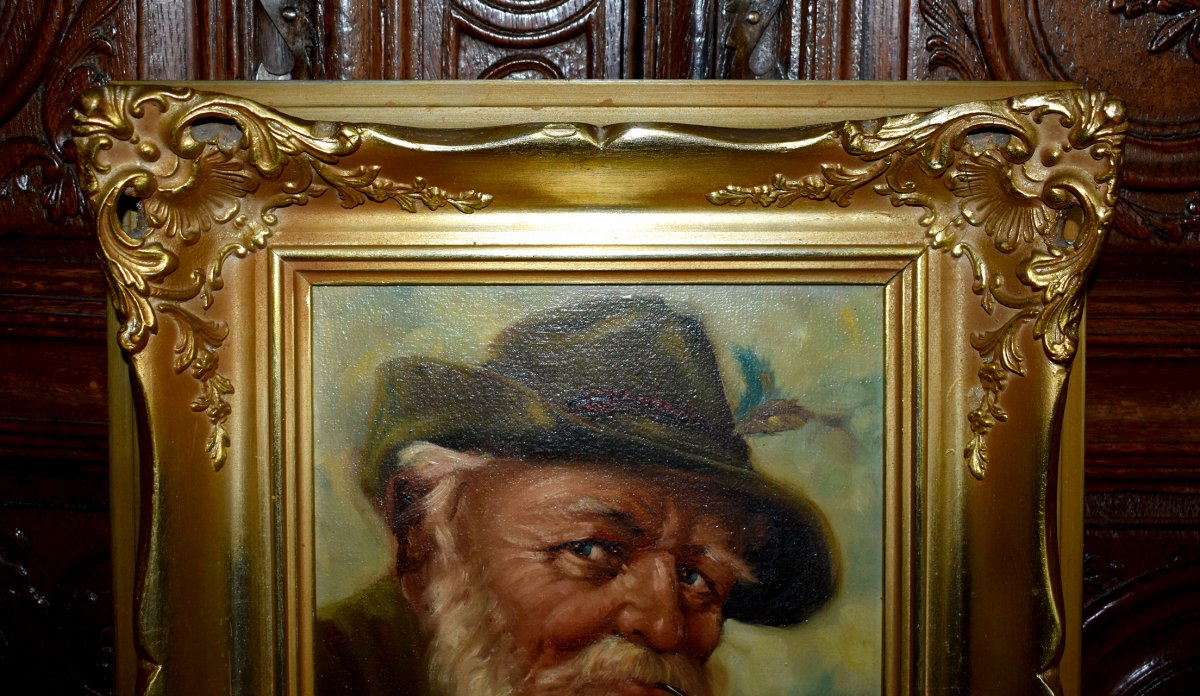 Portrait Of An Old Tyrolean Pipe Smoker, Oil On Framed Canvas, Early Twentieth-photo-6