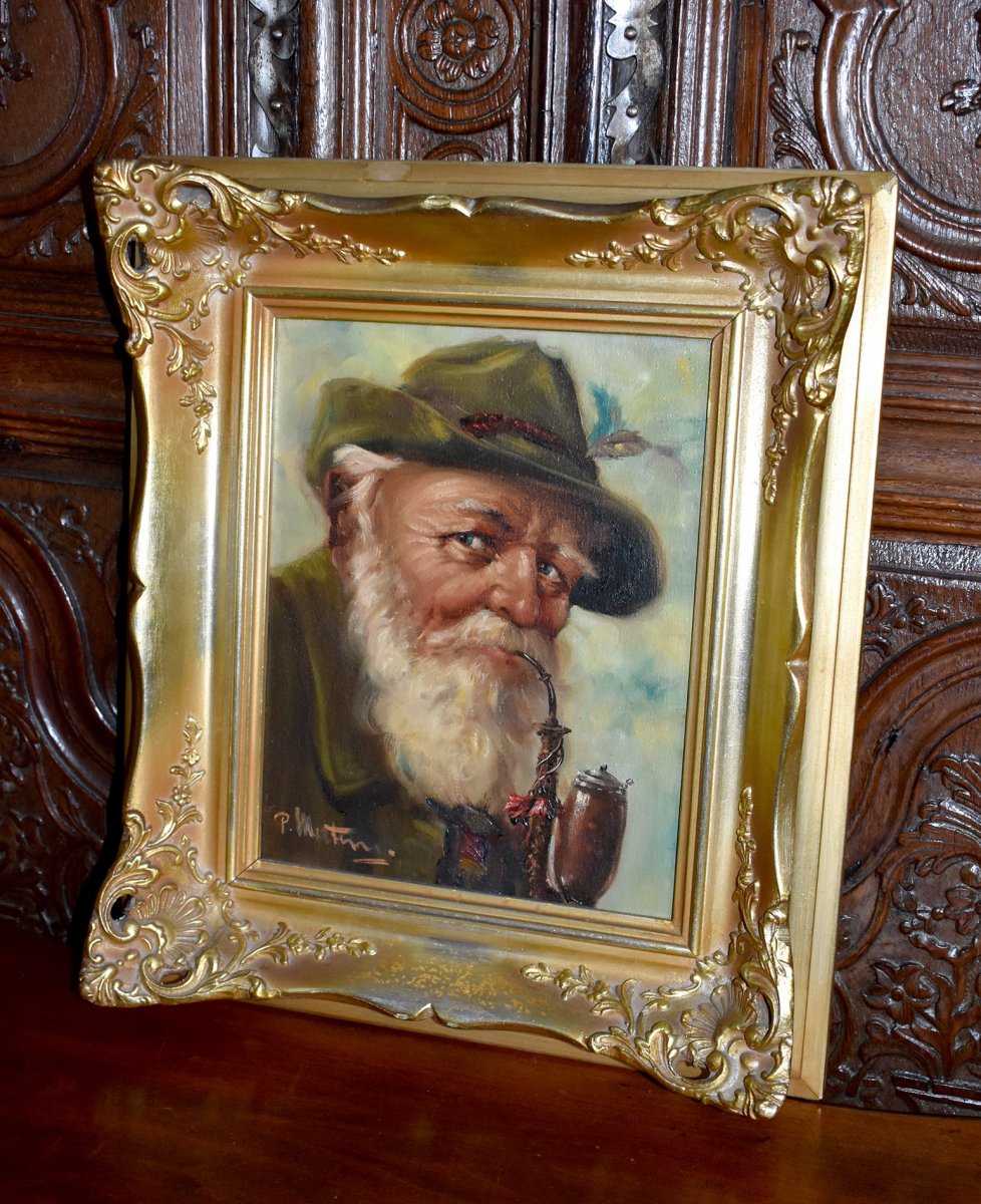 Portrait Of An Old Tyrolean Pipe Smoker, Oil On Framed Canvas, Early Twentieth-photo-7