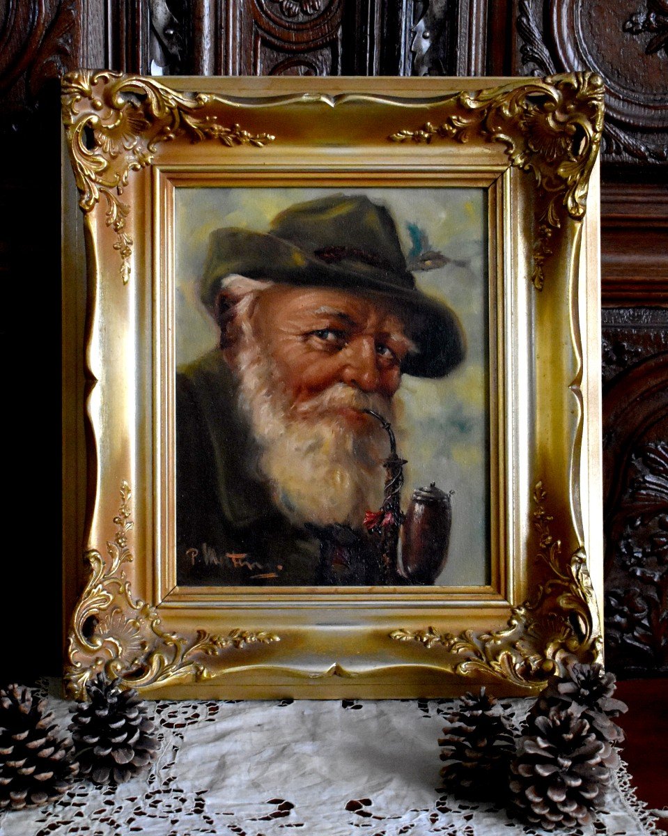 Portrait Of An Old Tyrolean Pipe Smoker, Oil On Framed Canvas, Early Twentieth