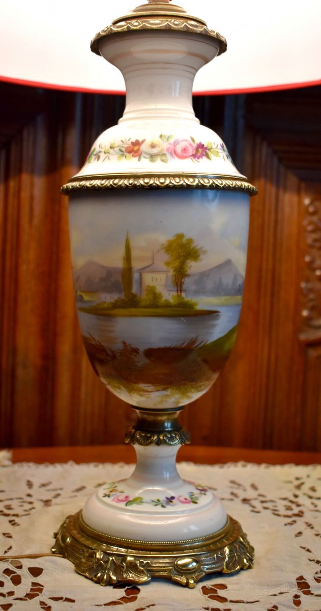Grande Lampe En Porcelaine Et Bronze Doré à Décor De Scène Galante, Décor Peint Main, XIX -ème-photo-3