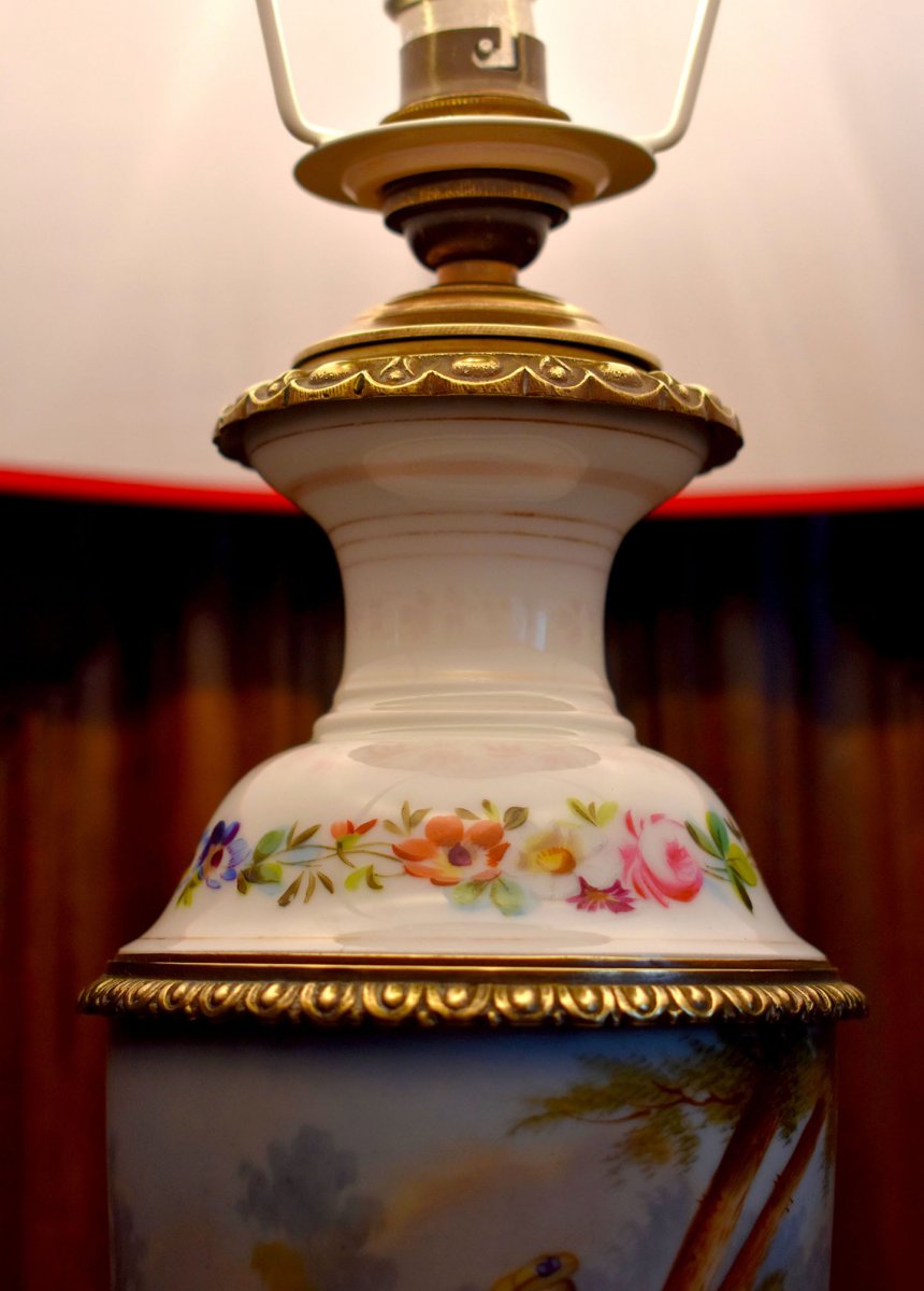 Grande Lampe En Porcelaine Et Bronze Dor&eacute; &agrave; D&eacute;cor De Sc&egrave;ne Galante, D&eacute;cor Peint Main, XIX -&egrave;me-photo-6