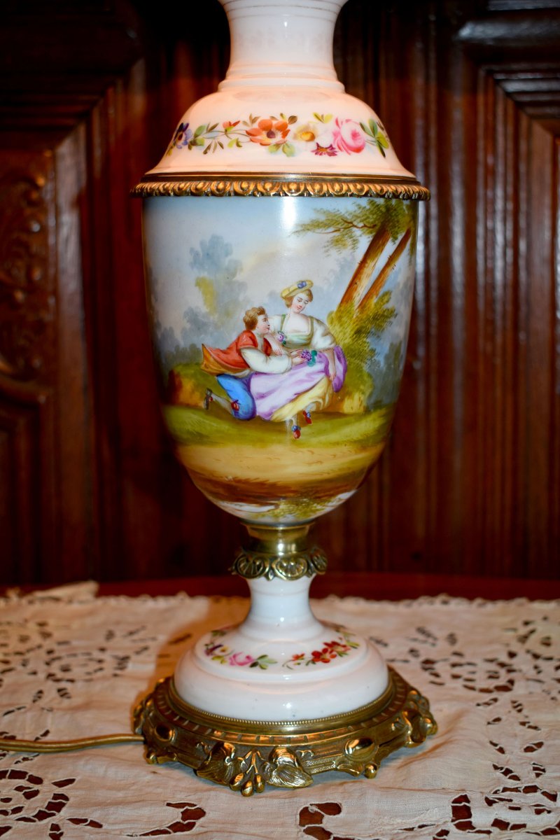 Porcelain Lamp, Hand Painted, Romantic Scene, XIXth Century-photo-7