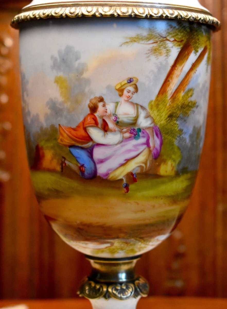 Porcelain Lamp, Hand Painted, Romantic Scene, XIXth Century