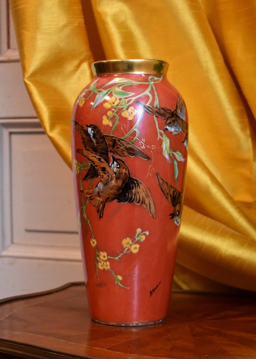 Vase With Birds Signed Benoît, Limoges Porcelain, Hand Painted Decor, Twentieth-photo-2