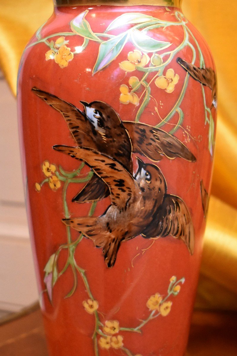 Vase With Birds Signed Benoît, Limoges Porcelain, Hand Painted Decor, Twentieth-photo-4