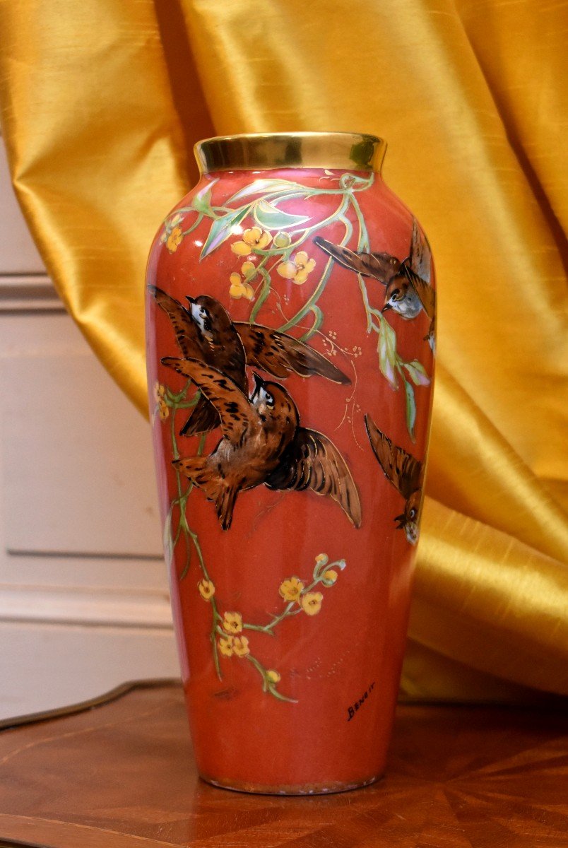 Vase With Birds Signed Benoît, Limoges Porcelain, Hand Painted Decor, Twentieth